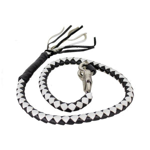 Get Back Whip Black/White: Features:

Genuine, hand-braided leather around a nylon core
Solid, stainless steel quick-release
