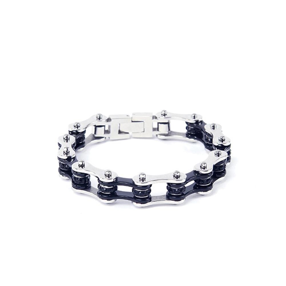 Bk Link SS Bracelet W/Bk Stone: Features:

Black &amp; Silver Motorcycle Chain Bracelet
Polished stainless steel outer links