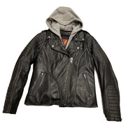Eagle Leather Ladies Soft Lambskin hoodie jacket in distressed lambskin with traditional MC collar and removable insulated hood liner