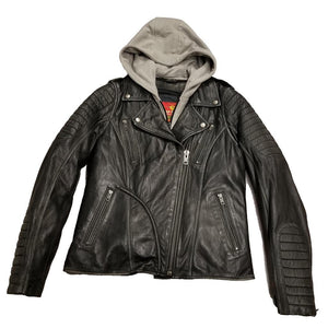 Ladies Soft Lambskin Hoodie Jacket: Features:

Removable Insulated Hoody Style Liner
Distressed Lambskin
Traditional MC Colla