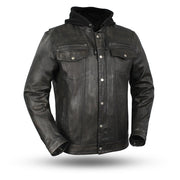 Eagle Leather Men's Vendetta hooded jacket in lightweight distressed sheepskin with mandarin collar and removable zip-out hood