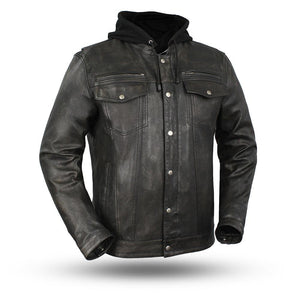Men's Vendetta Hooded Jacket: Features:

Lightweight distressed sheepskin
Mandarin collar
Removable zip-out hoodie
Chest pock