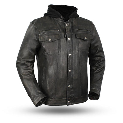 Men's Vendetta Hooded Jacket: Features:

Lightweight distressed sheepskin
Mandarin collar
Removable zip-out hoodie
Chest pock