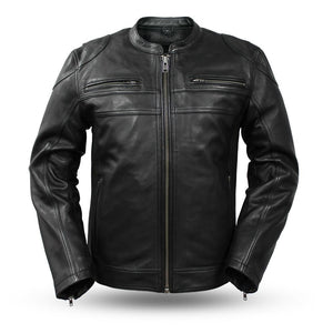 Men's Nemesis Leather Jacket: Features:

NEMESIS
Diamond cowhide
Scooter style with center zipper
Mandarin collar
Front zippe