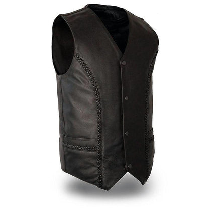 Men's Ruffian Braided Vest: Features:

Ruffian
Soft milled cowhide
Western style V-neck vest with four snap front and two out