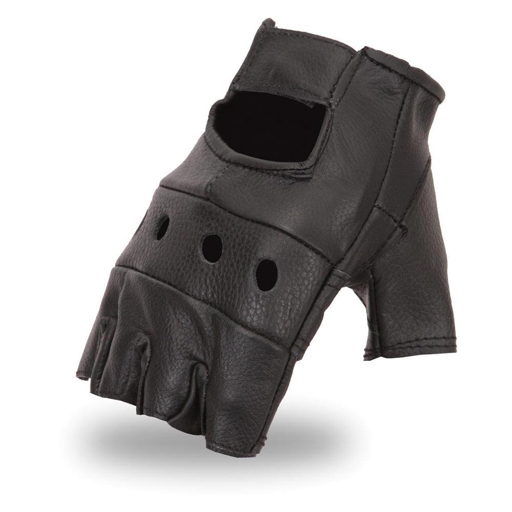 Fingerless Glove: Features:

Premium Cowhide: drum dyed and very durable type of leather
Perforated Panel: for comfort
Wrist 