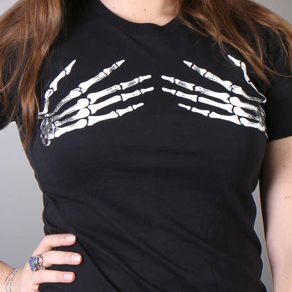 Skeleton Hands T-Shirt: Description
This ladies t-shirt in the color Black features two skeleton hands coping a feel