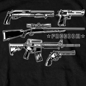 Freedom Guns Shirt: Description
This official T-Shirt displays a screen printed image of a variety of pistols and rifles on a