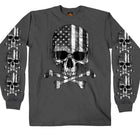 Men's Long Sleeve Flag Skull Shirt: Description
This men's long sleeve shirt in color Charcoal features a screen printed imag