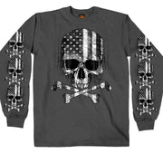 Men's Long Sleeve Flag Skull Shirt: Description
This men's long sleeve shirt in color Charcoal features a screen printed imag