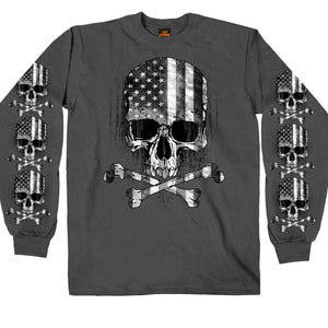 Men's Long Sleeve Flag Skull Shirt: Description
This men's long sleeve shirt in color Charcoal features a screen printed imag