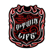 Hot Streak Patch: Description
"Ride Forever Free, V-Twin Life" inside of a pinstripe shield/flame design with heat sealed bac