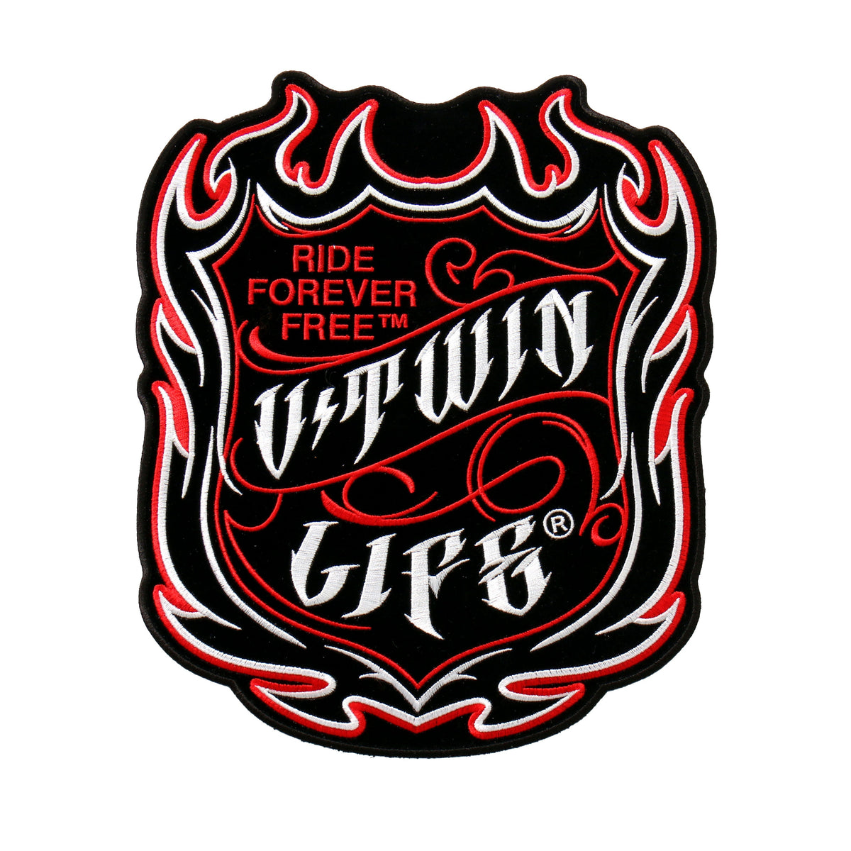 Hot Streak Patch: Description
"Ride Forever Free, V-Twin Life" inside of a pinstripe shield/flame design with heat sealed bac