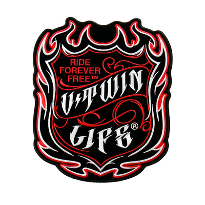 Hot Streak Patch: Description
"Ride Forever Free, V-Twin Life" inside of a pinstripe shield/flame design with heat sealed bac