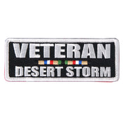 Veteran Desert Strom Patch 4 Inch: Description
"Veteran: Desert Storm" with a color bar embroidered on a black background wit