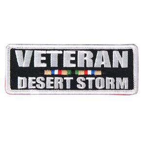 Veteran Desert Strom Patch 4 Inch: Description
"Veteran: Desert Storm" with a color bar embroidered on a black background wit