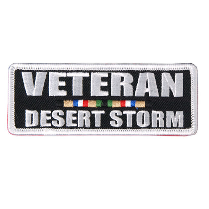 Veteran Desert Strom Patch 4 Inch: Description
"Veteran: Desert Storm" with a color bar embroidered on a black background wit