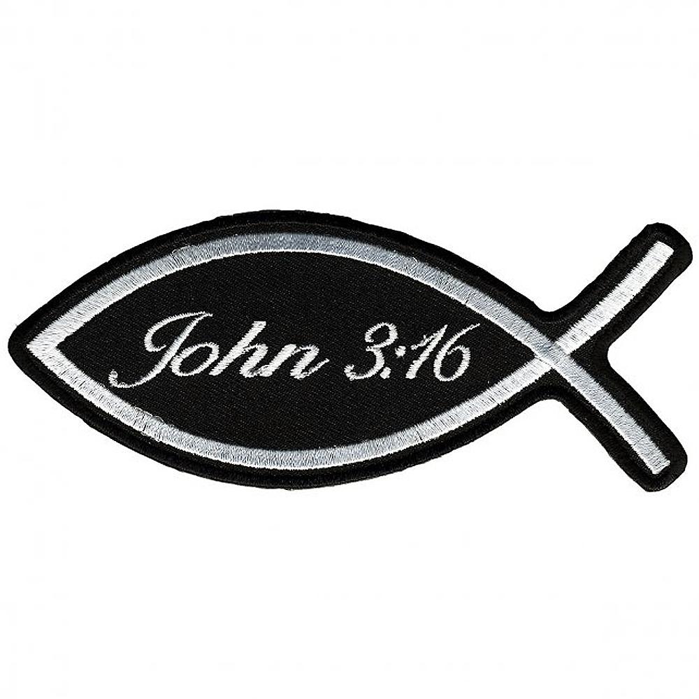 John 3:16 Fish Patch: Description
"John 3:16" inside of the shape of fish, embroidered in black and white with heat sealed ba
