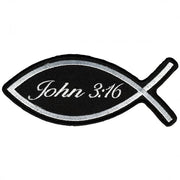 John 3:16 Fish Patch: Description
"John 3:16" inside of the shape of fish, embroidered in black and white with heat sealed ba