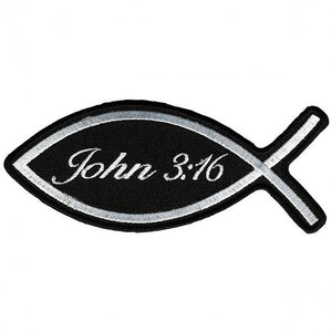 John 3:16 Fish Patch: Description
"John 3:16" inside of the shape of fish, embroidered in black and white with heat sealed ba