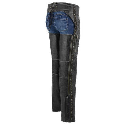Ladies Lace and Grommet Chaps: Ladies Chaps With Lace &amp; Grommet, Distressed Grey  Lightweight Distressed Leather w/ Rubbe