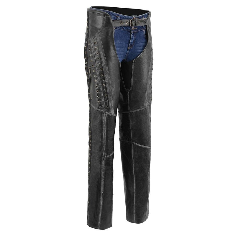 Ladies Chaps W/Lace & Grommet - Distressed Grey - Eagle Leather