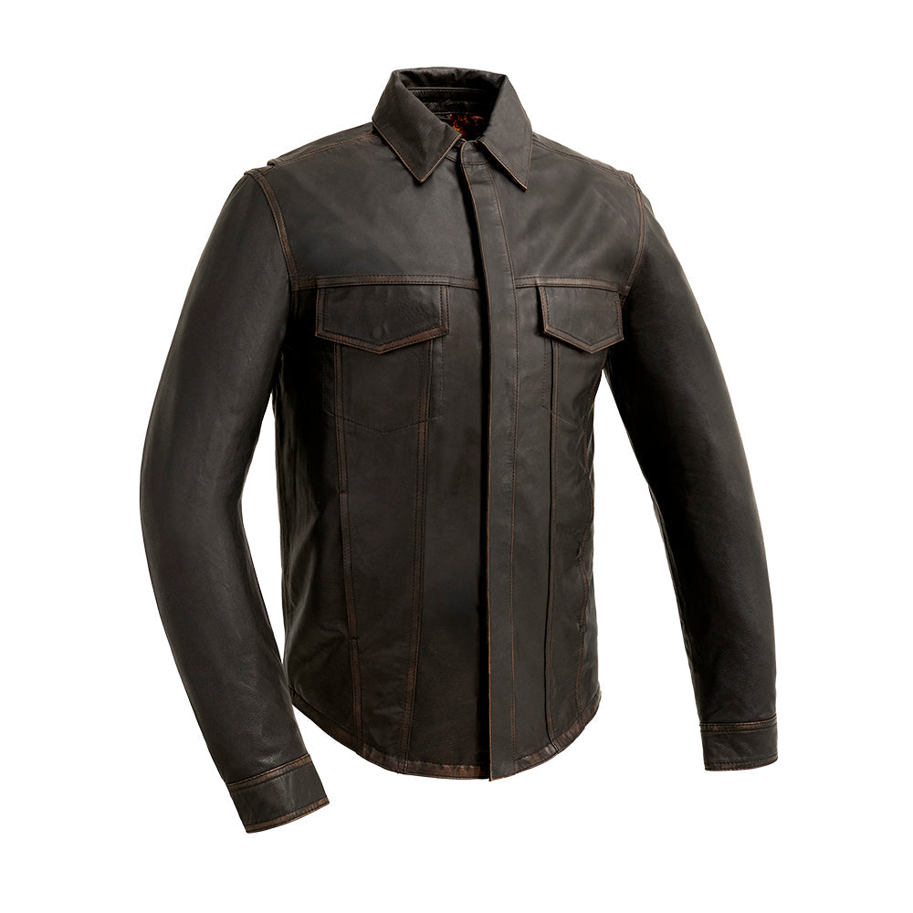 Men's Maduro Leather Shirt: Made with shrunken grain Semi-Veggie tan Cowhide Leather, the Maduro is hand polished which gives