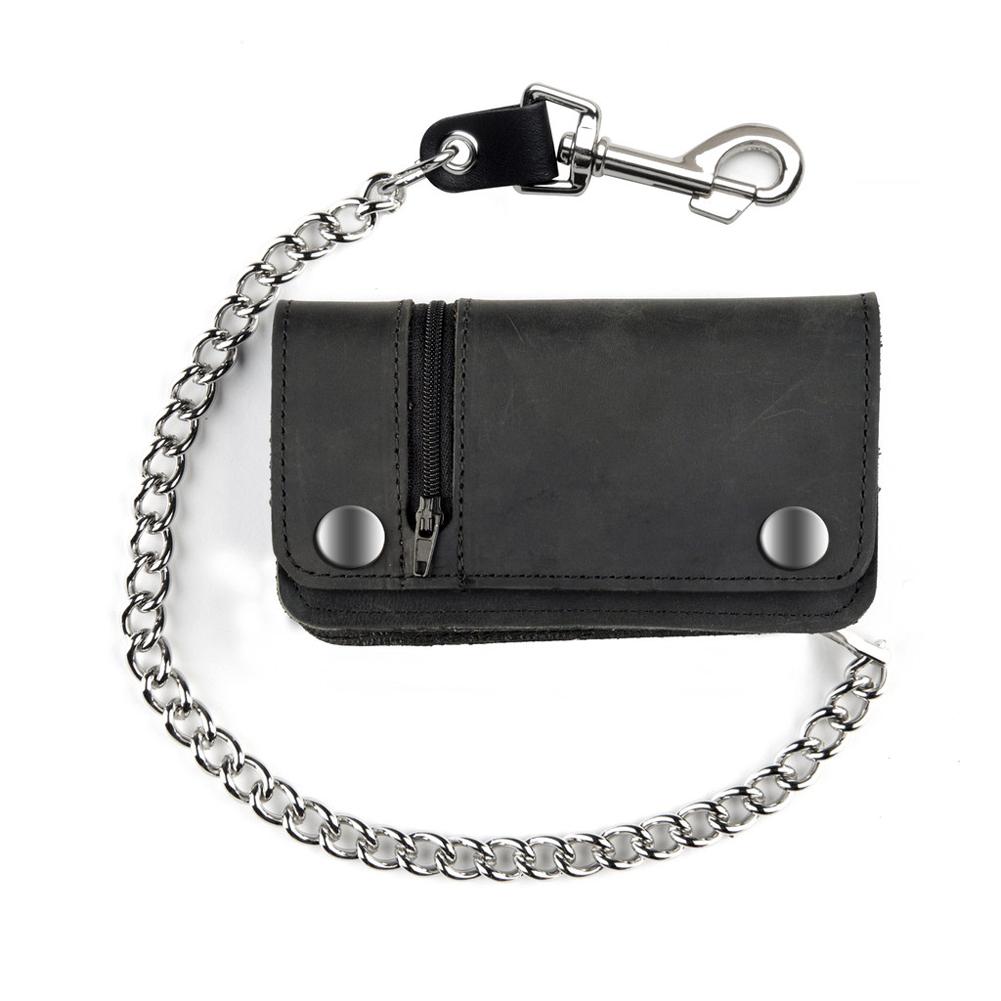 USA-Made BW420 6" Biker Wallet With Side Zipper Black: *12" Detachable Chain w/ Trigger Hook*Exterior Zippered Pocket*I