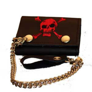 Skull  Tri-Fold W/ Chain: Description
Red embroidered skull on tri fold wallet with chain