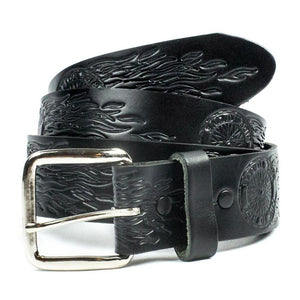 1 1/2" Flaming Wheel Belt: Features:

Removable Buckle
Dimensions- 1 1/2" width, available in sizes 28-44
Genuine Leather
Mad