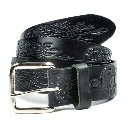 1 1/2" Flaming Wheel Belt: Features:

Removable Buckle
Dimensions- 1 1/2" width, available in sizes 28-44
Genuine Leather
Mad