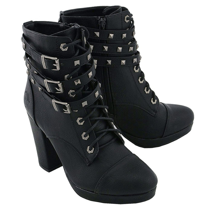 Milwaukee Leather Women's Lace to Toe Boots with Triple Strap Studded Accents - Black - Eagle Leather