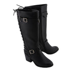 Ladies Back End Laced Boot: Description
Ladies calf lace boot with buckles for adjustment and a snakeskin patter under the la