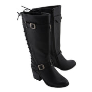 Ladies Back End Laced Boot: Description
Ladies calf lace boot with buckles for adjustment and a snakeskin patter under the la