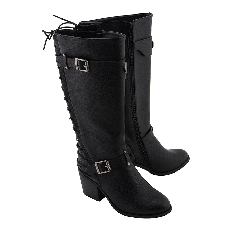 Ladies Back End Laced Boot: Description
Ladies calf lace boot with buckles for adjustment and a snakeskin patter under the la