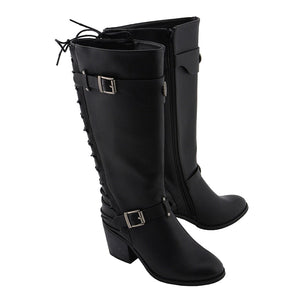 Ladies Back End Laced Boot: Description
Ladies calf lace boot with buckles for adjustment and a snakeskin patter under the la