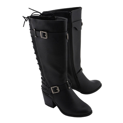 Ladies Back End Laced Boot: Description
Ladies calf lace boot with buckles for adjustment and a snakeskin patter under the la