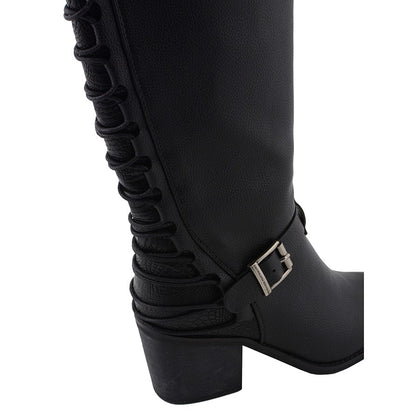 Ladies Back End Laced Boot: Description
Ladies calf lace boot with buckles for adjustment and a snakeskin patter under the la