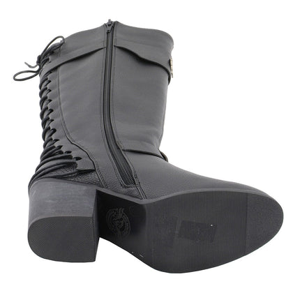 Ladies Back End Laced Boot: Description
Ladies calf lace boot with buckles for adjustment and a snakeskin patter under the la