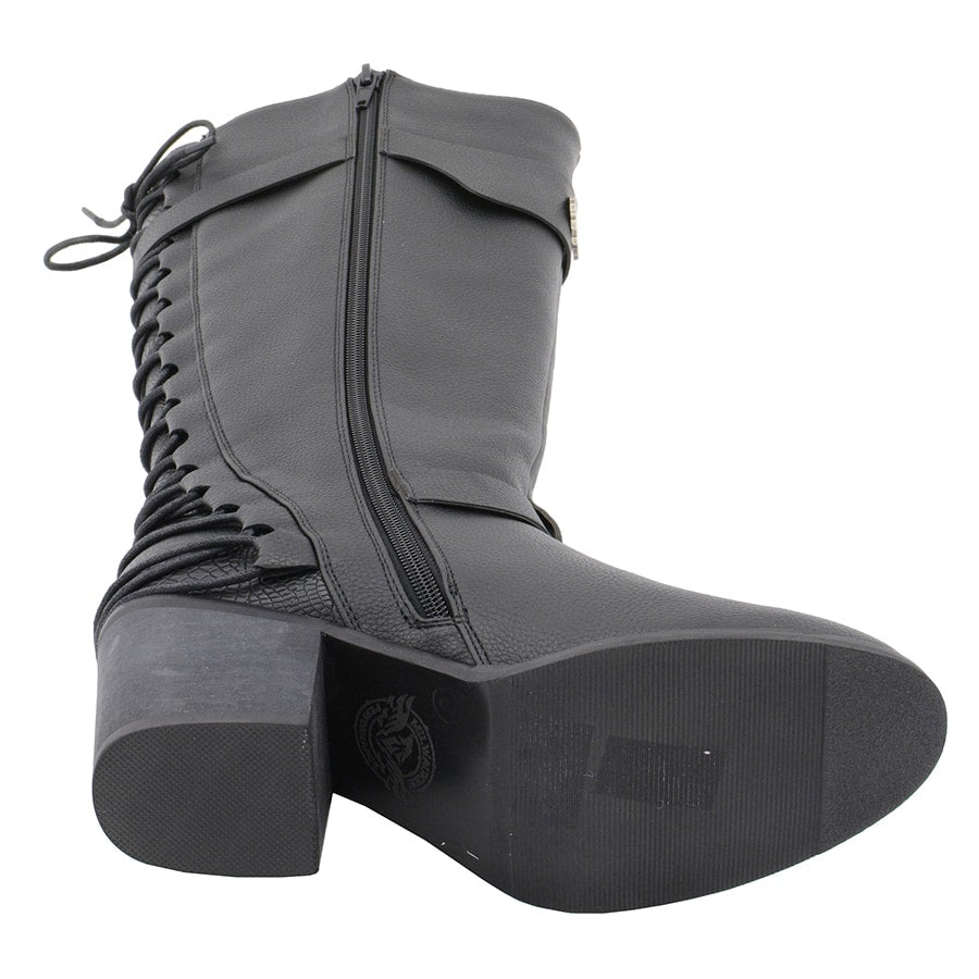 Ladies Back End Laced Boot: Description
Ladies calf lace boot with buckles for adjustment and a snakeskin patter under the la