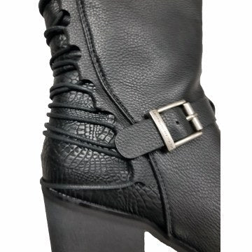 Ladies Back End Laced Boot: Description
Ladies calf lace boot with buckles for adjustment and a snakeskin patter under the la