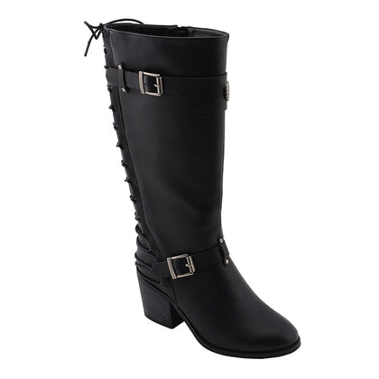 Ladies Back End Laced Boot: Description
Ladies calf lace boot with buckles for adjustment and a snakeskin patter under the la