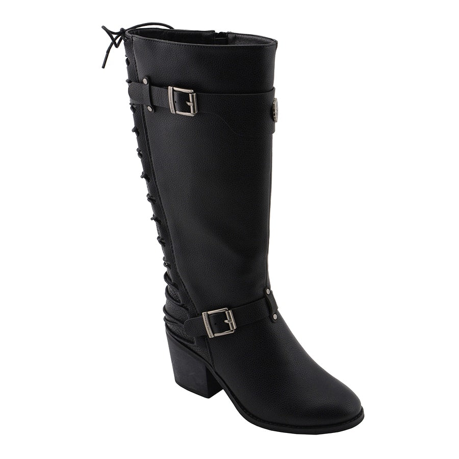 Ladies Back End Laced Boot: Description
Ladies calf lace boot with buckles for adjustment and a snakeskin patter under the la