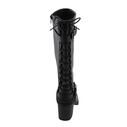 Ladies Back End Laced Boot: Description
Ladies calf lace boot with buckles for adjustment and a snakeskin patter under the la