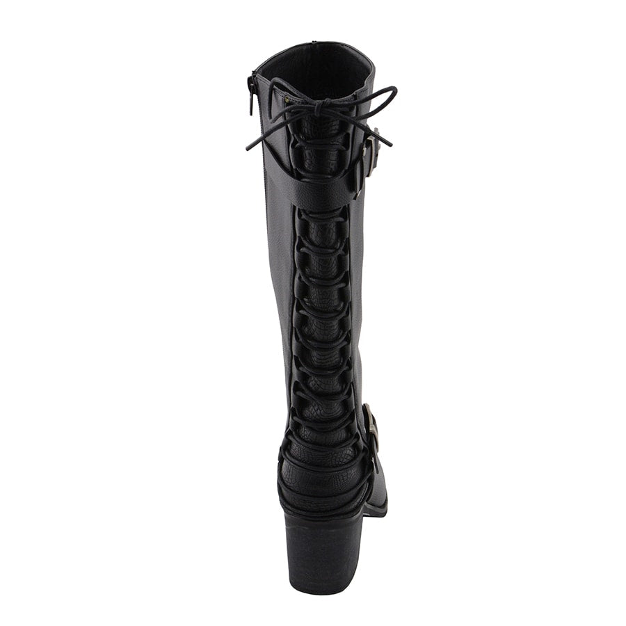 Ladies Back End Laced Boot: Description
Ladies calf lace boot with buckles for adjustment and a snakeskin patter under the la