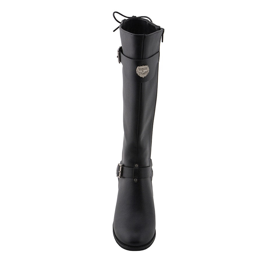 Ladies Back End Laced Boot: Description
Ladies calf lace boot with buckles for adjustment and a snakeskin patter under the la