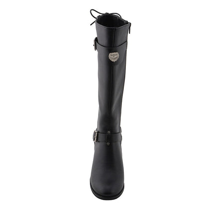 Ladies Back End Laced Boot: Description
Ladies calf lace boot with buckles for adjustment and a snakeskin patter under the la