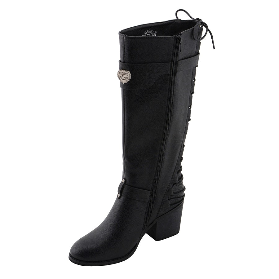Ladies Back End Laced Boot: Description
Ladies calf lace boot with buckles for adjustment and a snakeskin patter under the la