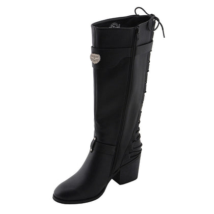 Ladies Back End Laced Boot: Description
Ladies calf lace boot with buckles for adjustment and a snakeskin patter under the la