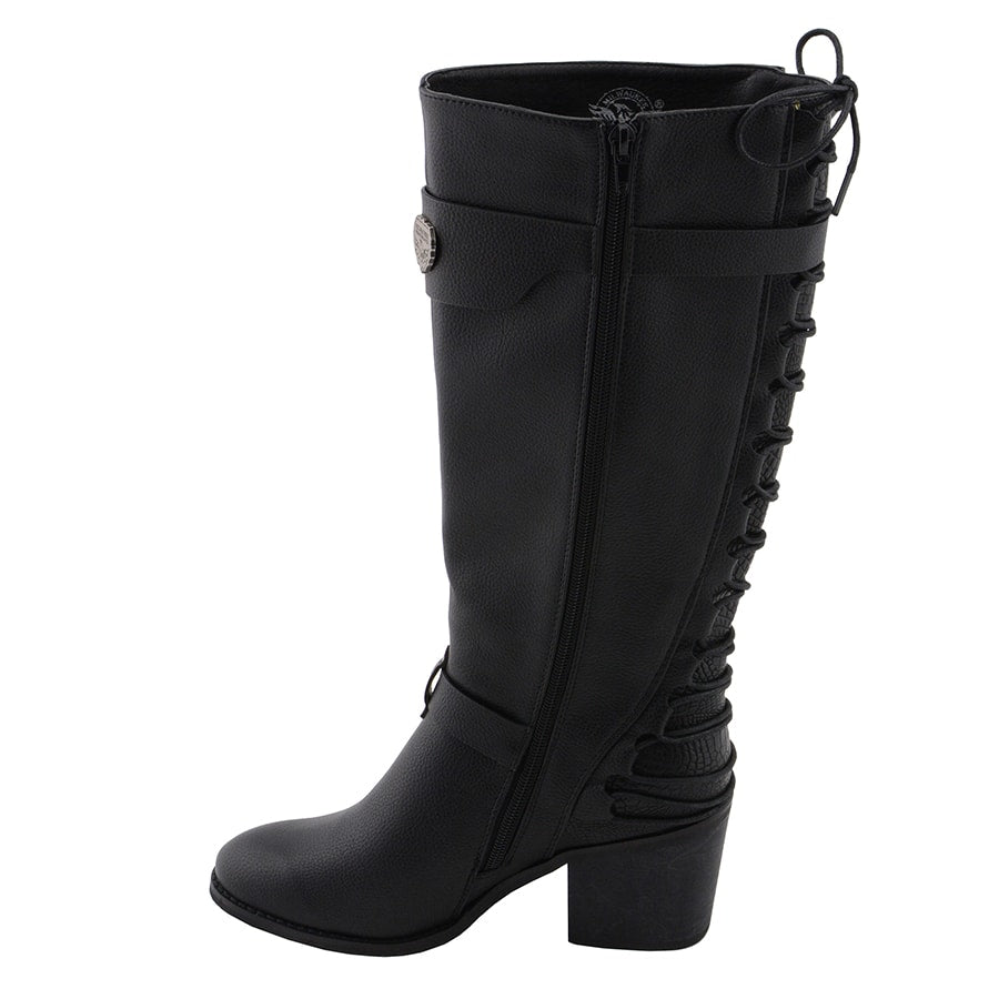 Ladies Back End Laced Boot: Description
Ladies calf lace boot with buckles for adjustment and a snakeskin patter under the la
